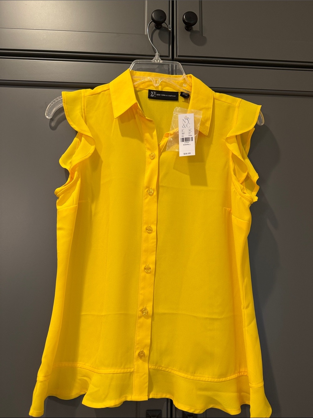 New York & Company Bright Yellow Ruffle Sleeve Button-Down Blouse